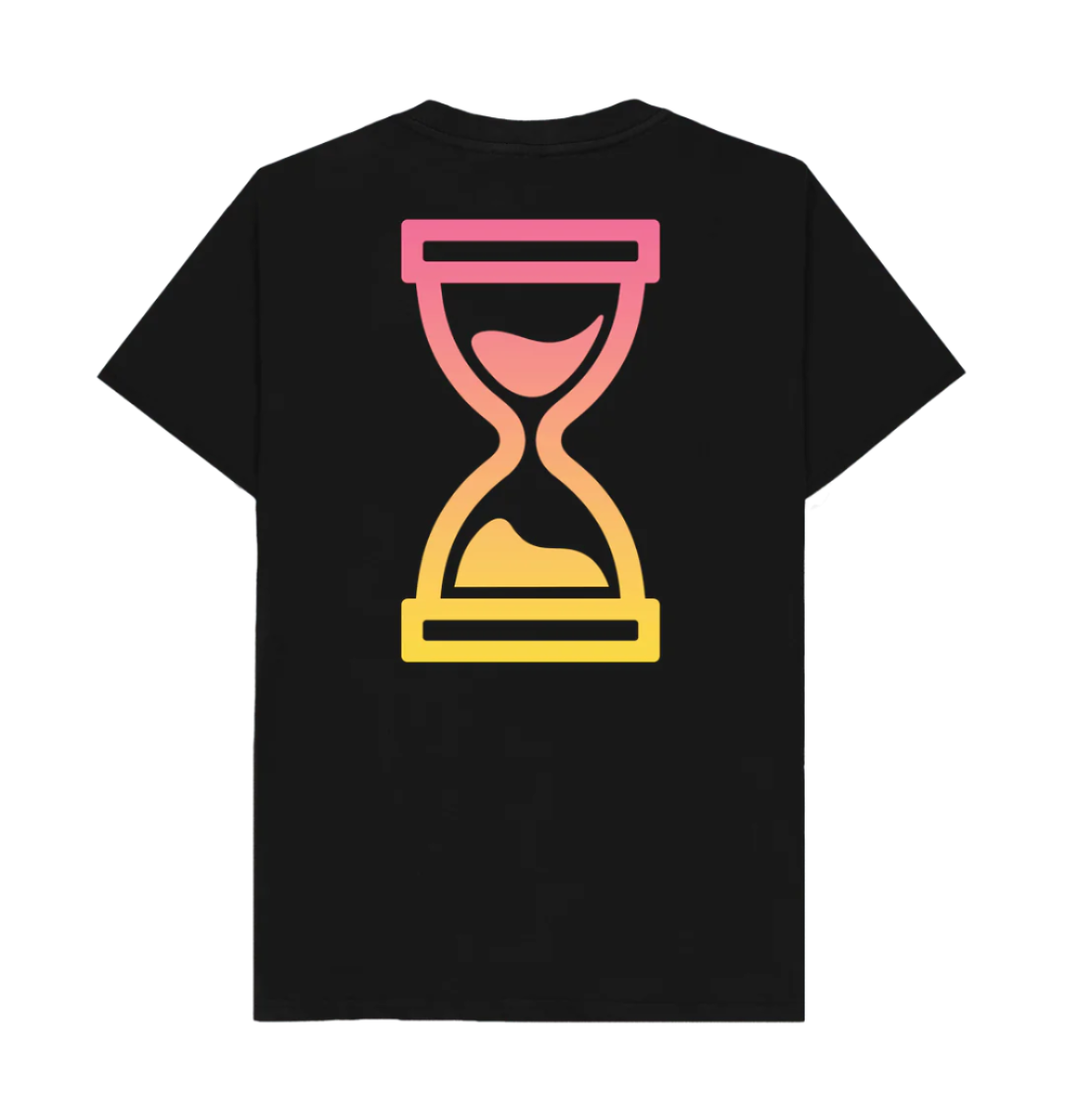 Large Sunset print on the back of a black t shirt