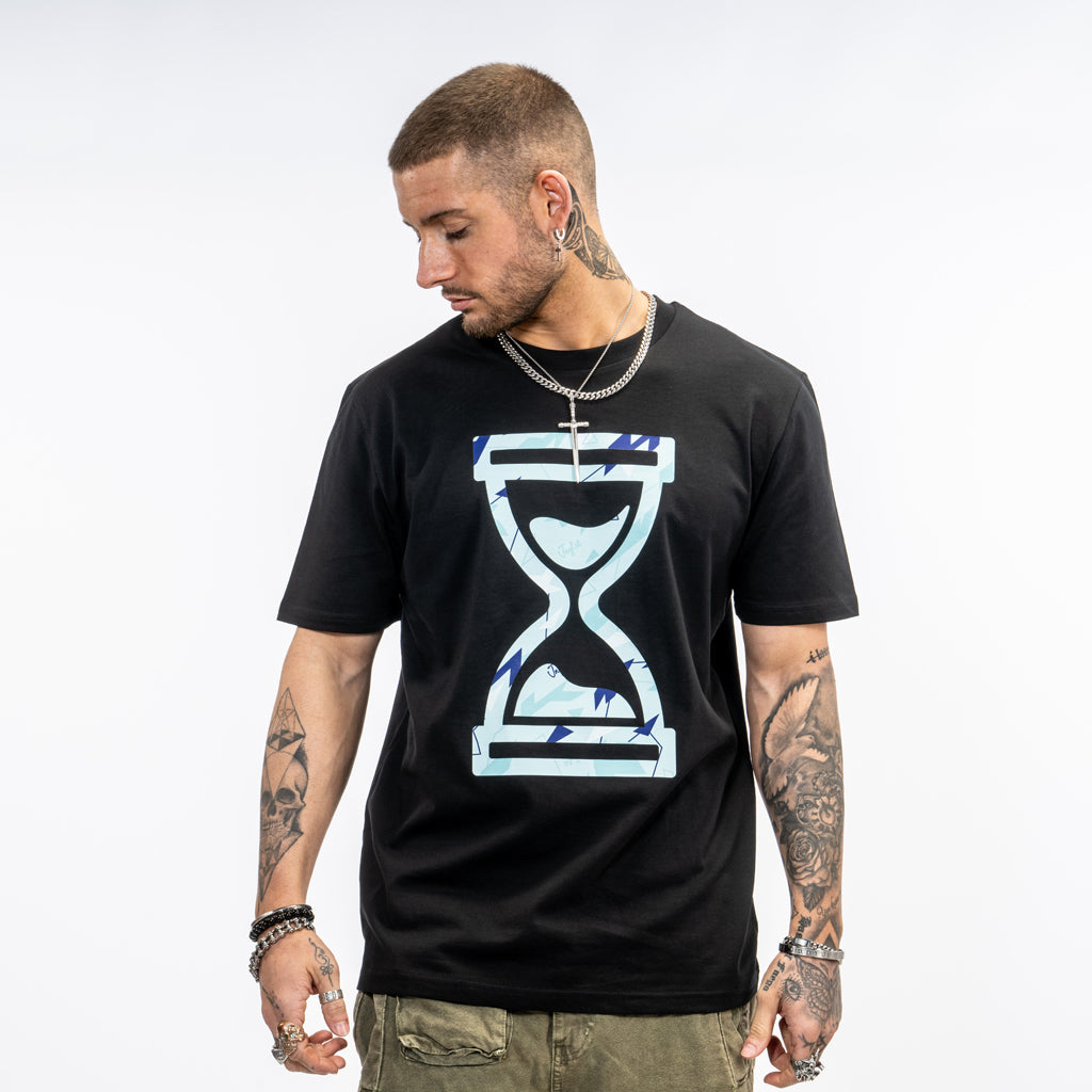 blue camo pattern on a black organic t shirt