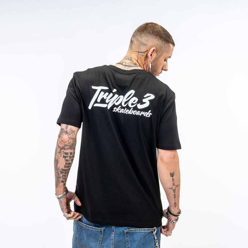 Triple 3 Script Double Drop Black T-Shirt