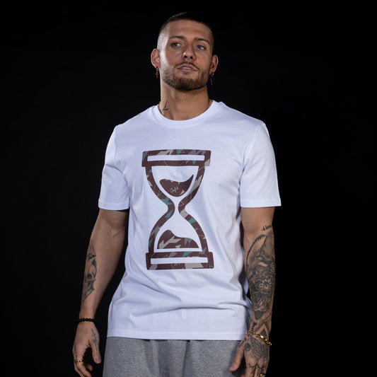 White skate t shirt with brown camo junglist design