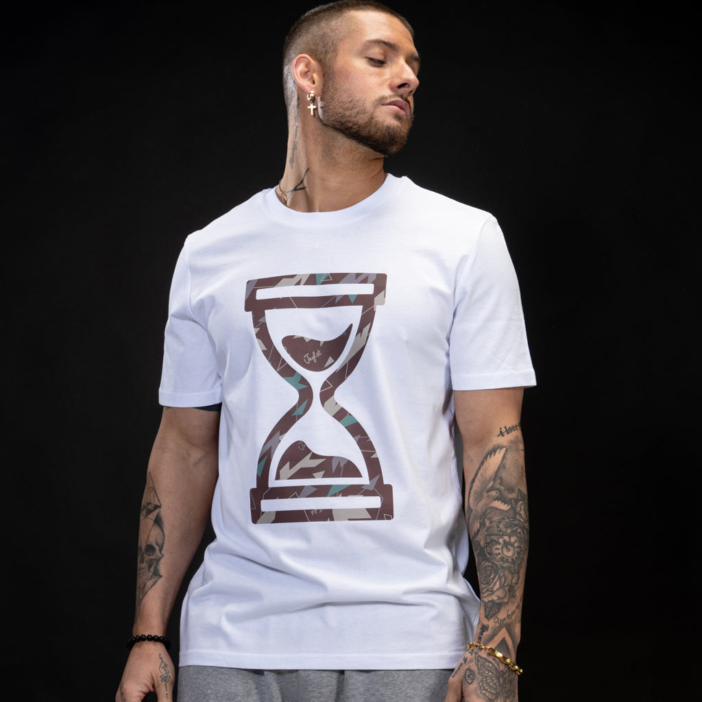 Brown Camo Time Design on a white t shirt
