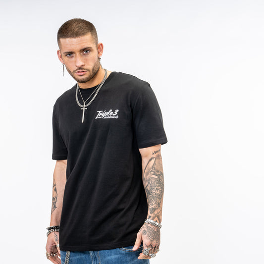 Triple 3 Script Double Drop Black T-Shirt