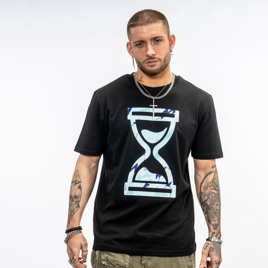 Blue Camo Time design on a black organic t-shirt