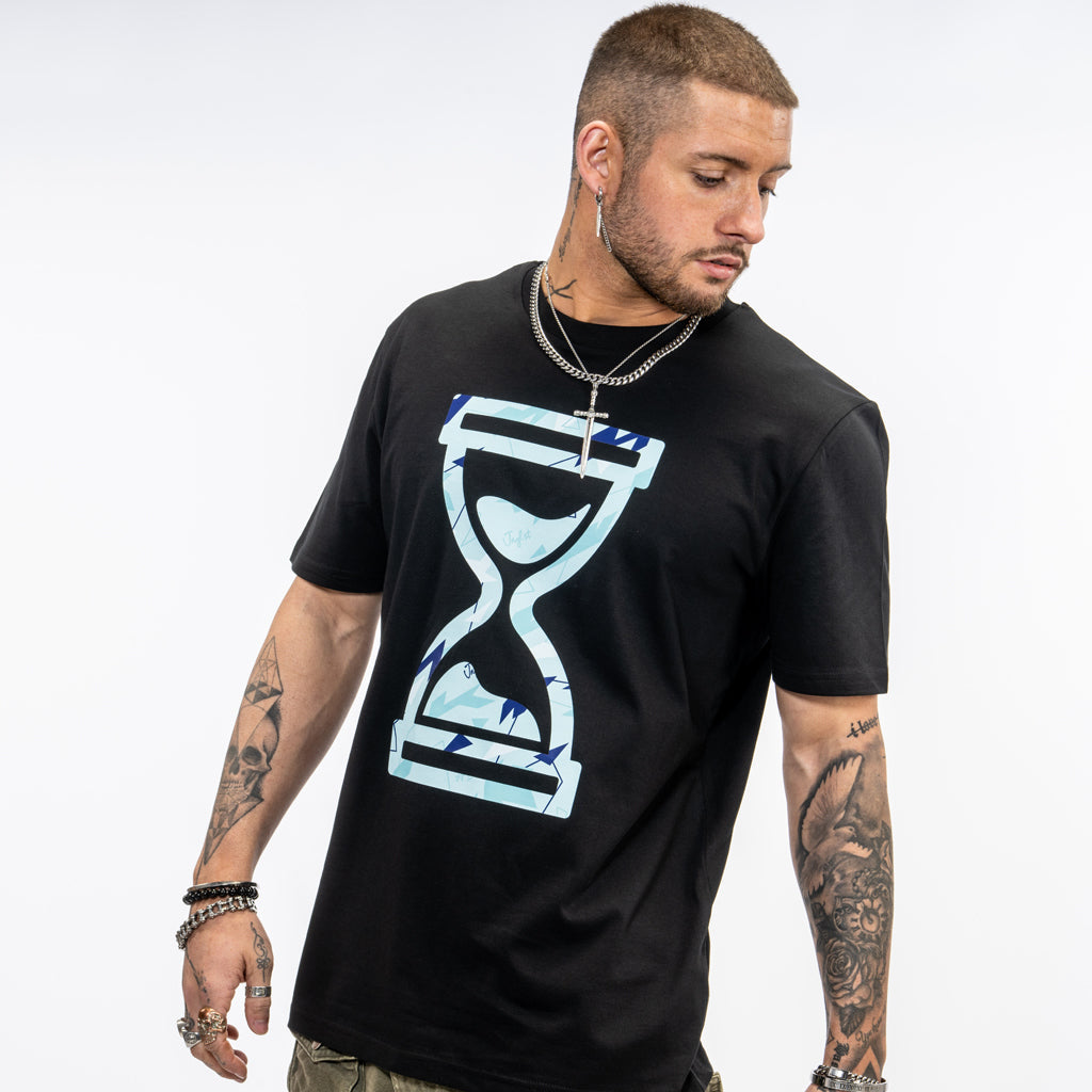 blue camo time on black t shirt