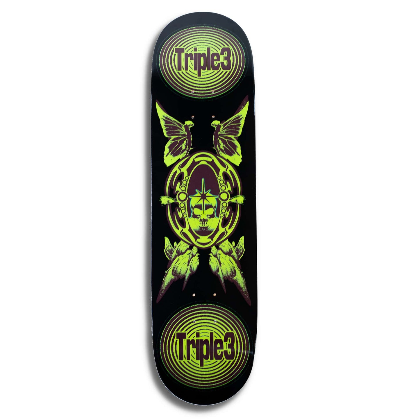 A Triple 3 skateboard deck featuring a black background with a vibrant neon green and yellow graphic of a skull, wings, and circular Triple 3 logos at the top and bottom.