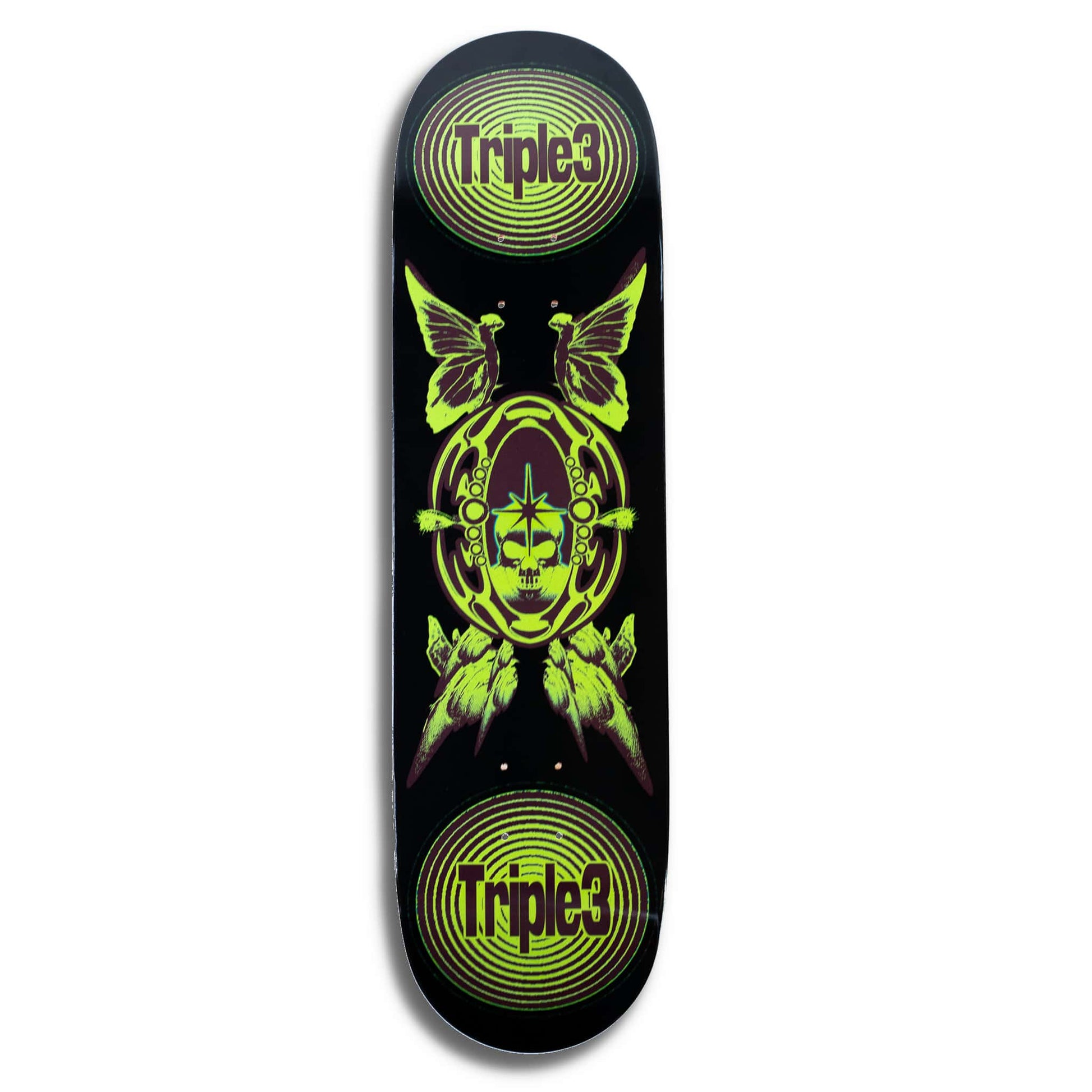 A Triple 3 skateboard deck featuring a black background with a vibrant neon green and yellow graphic of a skull, wings, and circular Triple 3 logos at the top and bottom.
