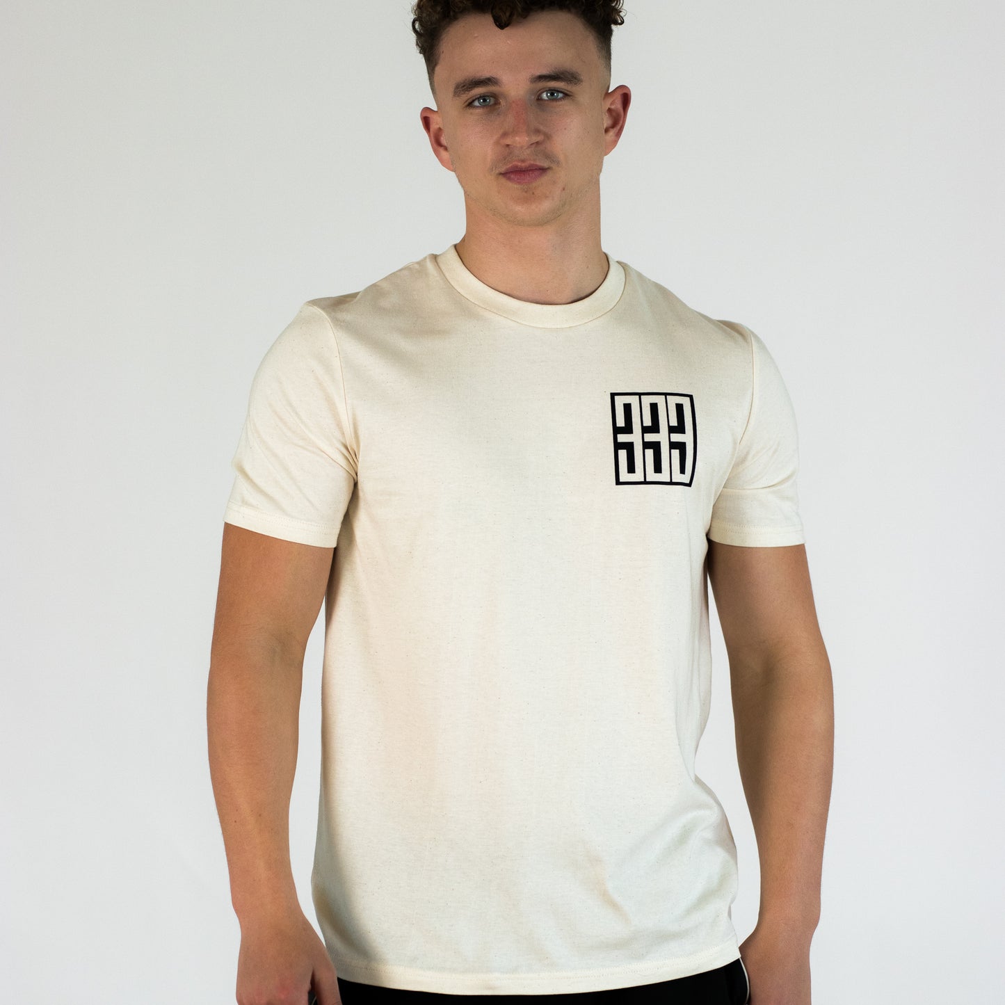 model wearing 333 boxed natural t shirt