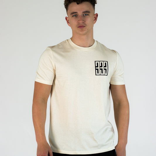 model wearing 333 boxed natural t shirt
