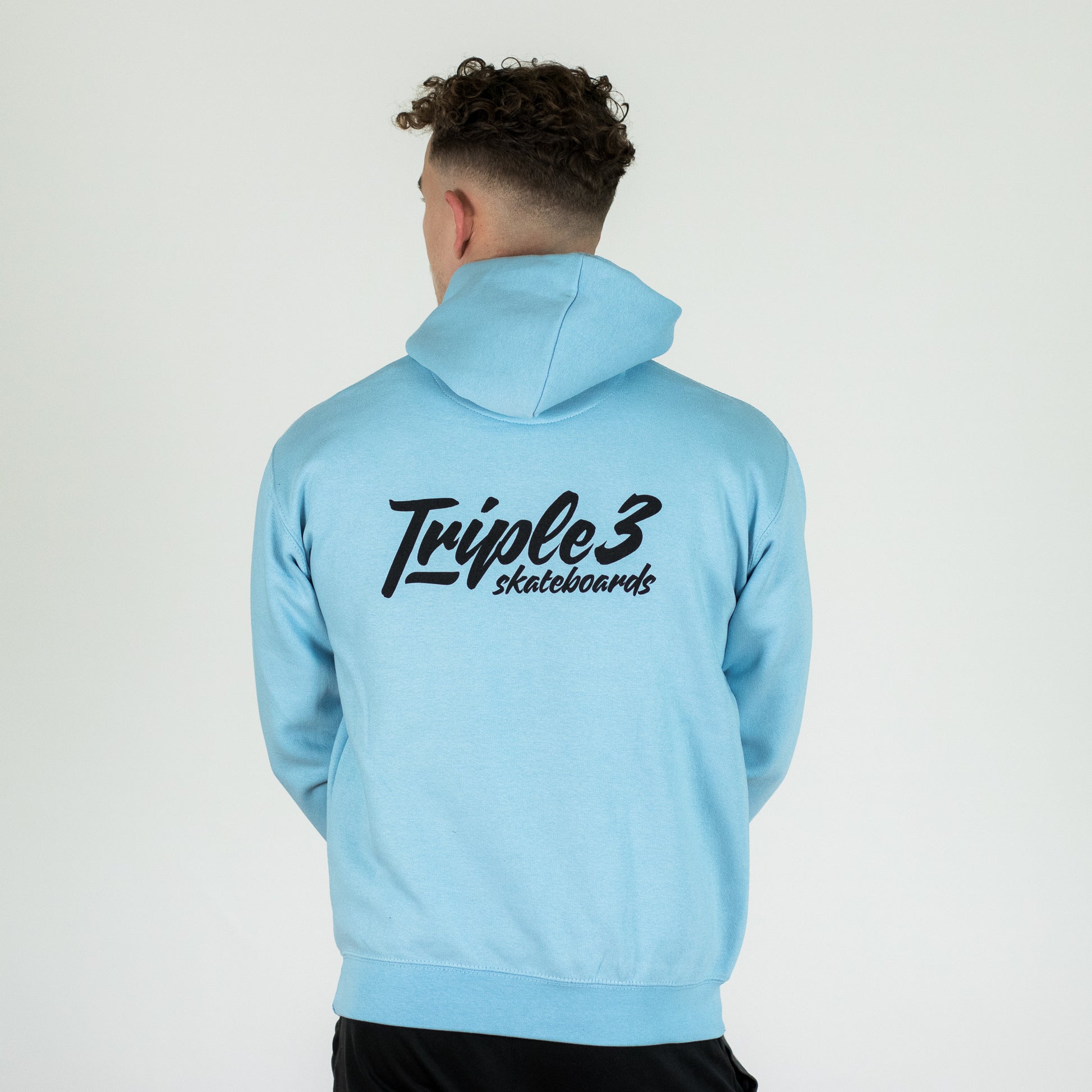 powder blue triple 3 skateboards hoody back worn by model