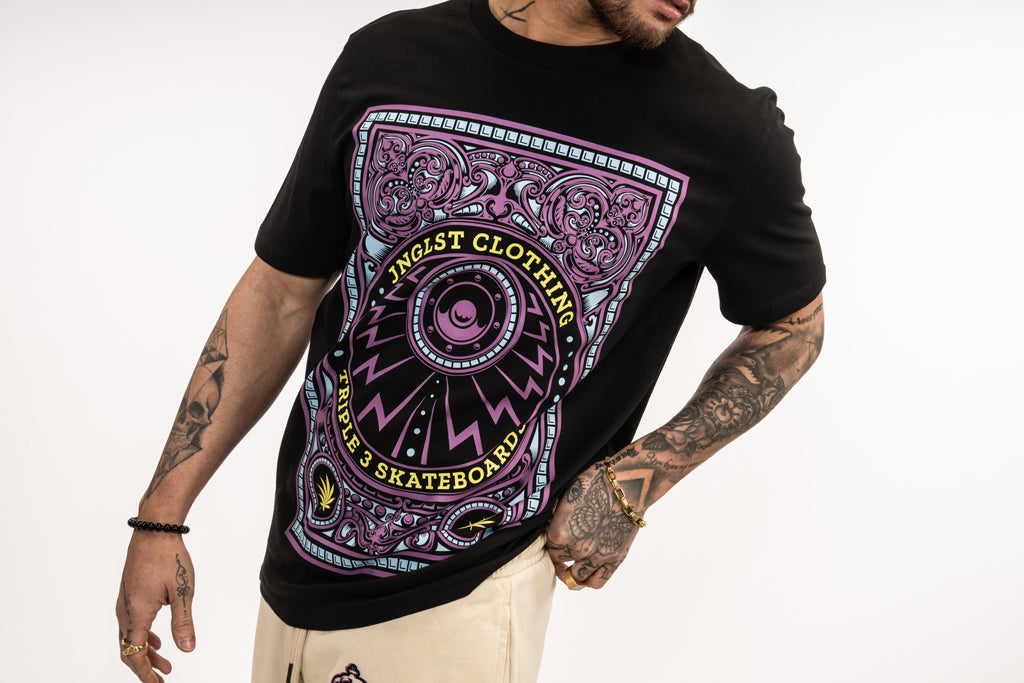 Black Triple 3 Skateboards Purple and Yellow Print