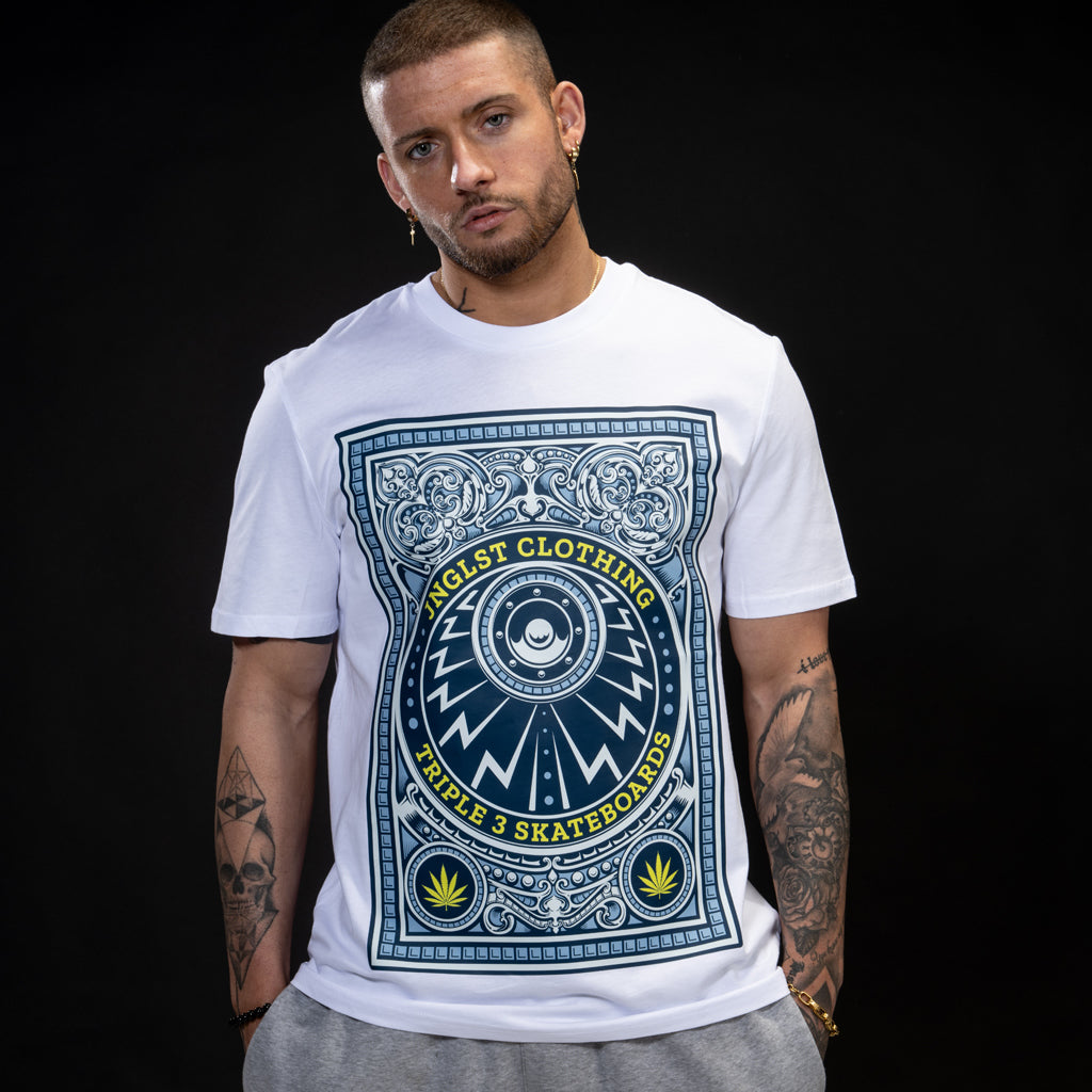 Skate Life Blue and Yellow on a White T Shirt