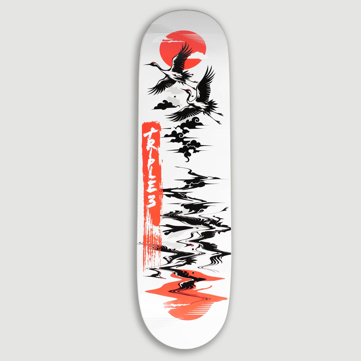 White Skateboard Deck With Oriental Cranes and Mountains in Black and White
