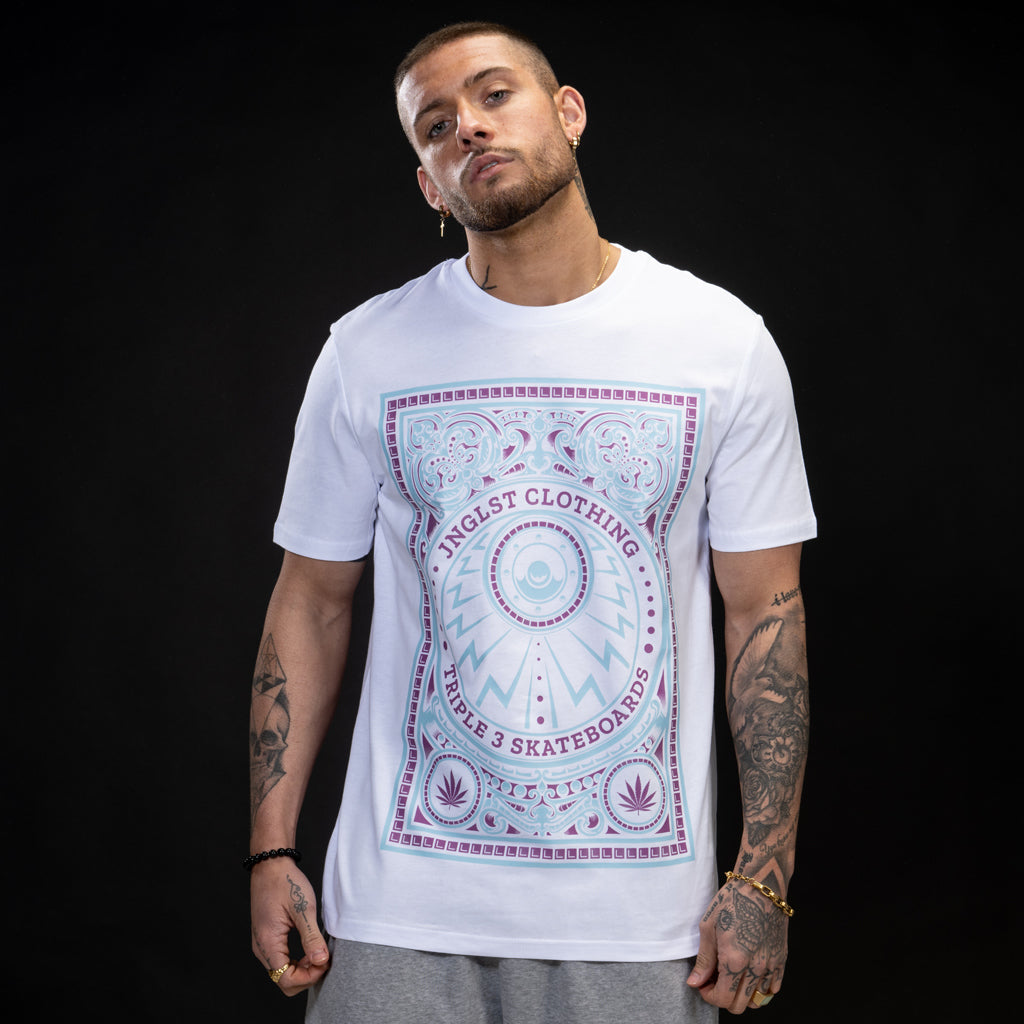 White Skate Life Junglist T Shirt with Purple Print