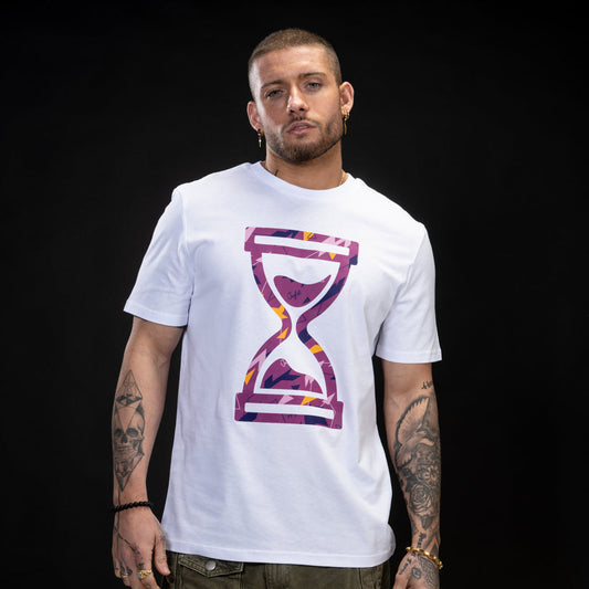 Purple Camo Time design on a white t shirt