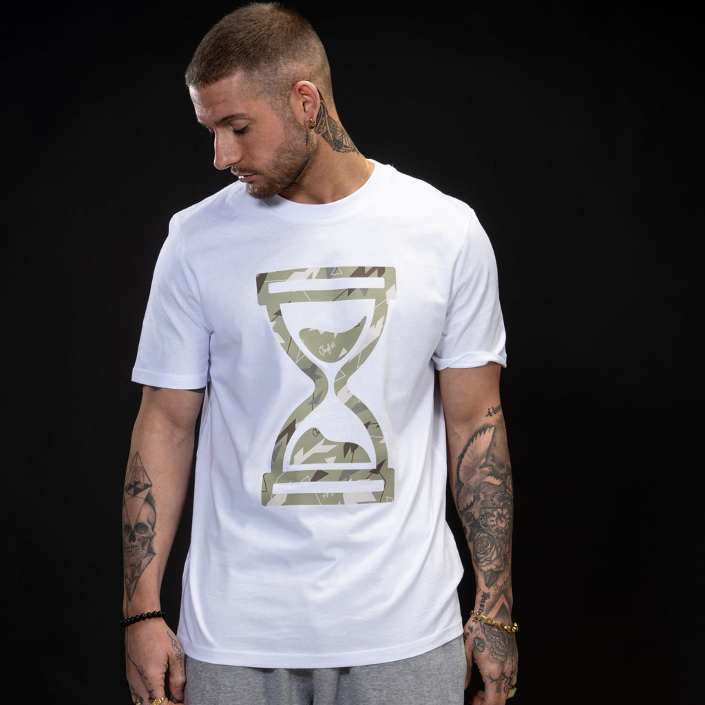 White T Shirt with Green Camo Design