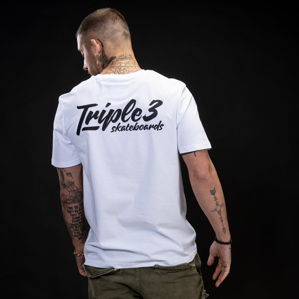 White Script Triple 3 Double Drop T-Shirt