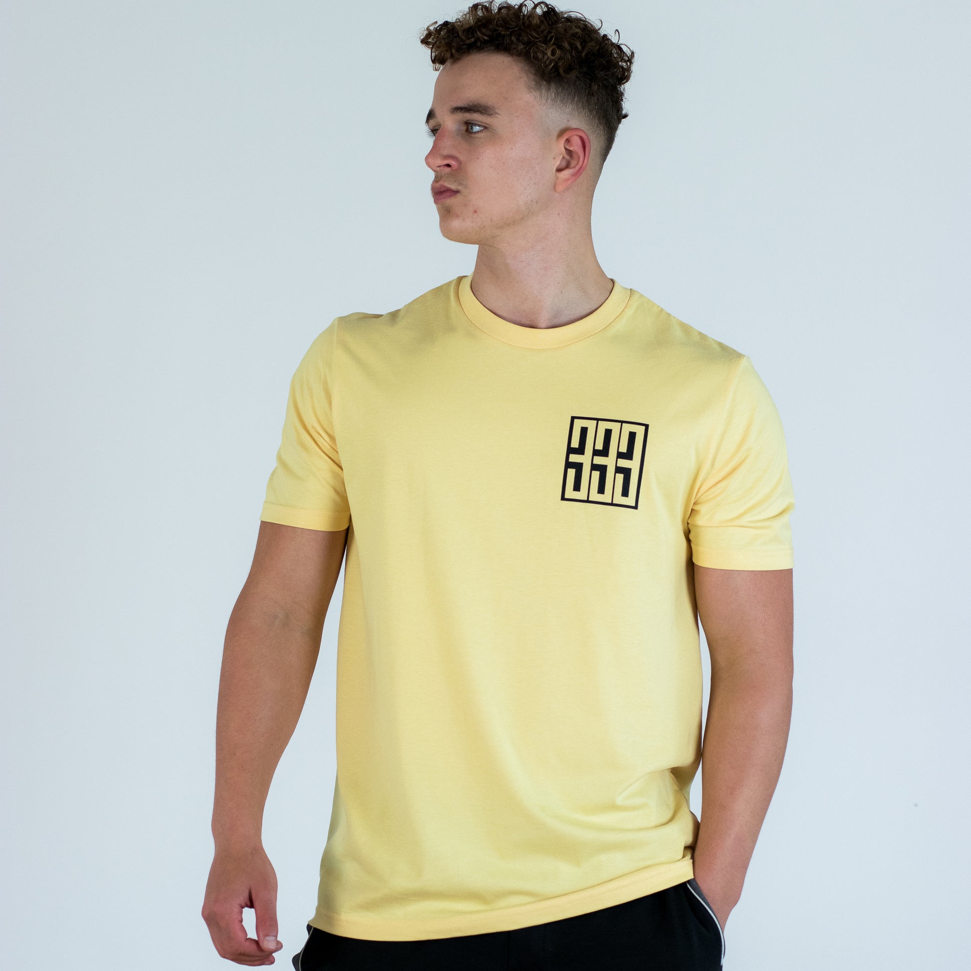 yellow triple 3 skateboards boxed t shirt worn by model